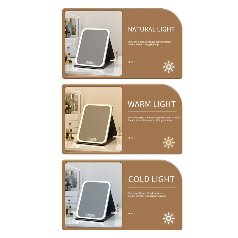 LED Makeup Mirror with Lights – USB Rechargeable, Dimmable Vanity Mirror with 3 Light Modes | Foldable & Portable for Travel and Home Use