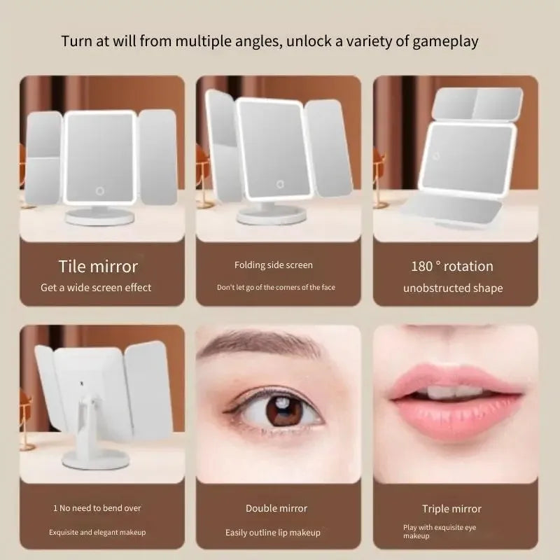 Three‑Fold LED Makeup Mirror Beauty Lamp – Smart Intelligent Complementary Lighting with 2×/3× Magnification"