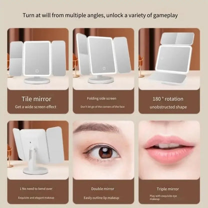 Three‑Fold LED Makeup Mirror Beauty Lamp – Smart Intelligent Complementary Lighting with 2×/3× Magnification"