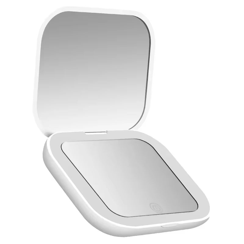 "Glow & Go™️ Portable Vanity Mirror – Compact, Foldable with LEDs & 2× Magnification"