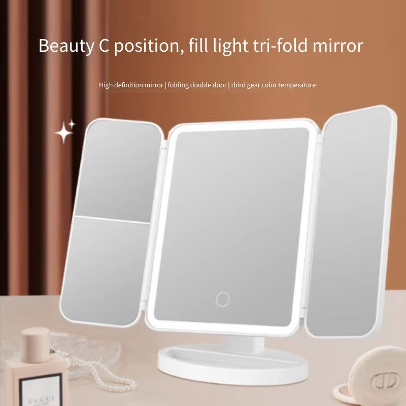Trifold Makeup Mirror LED Lights Dorm Dressing Mirror Beauty Light up Your Fill Light with Smart Complementary Makeup Mirror Tri