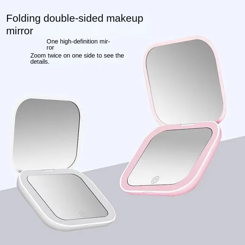 "Glow & Go™️ Portable Vanity Mirror – Compact, Foldable with LEDs & 2× Magnification"