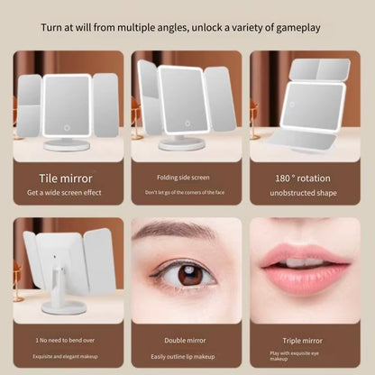 Trifold Makeup Mirror LED Lights Dorm Dressing Mirror Beauty Light up Your Fill Light with Smart Complementary Makeup Mirror Tri