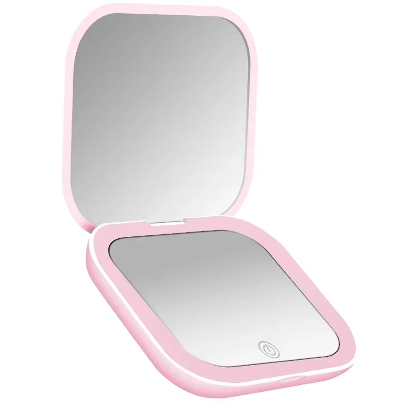 "Glow & Go™️ Portable Vanity Mirror – Compact, Foldable with LEDs & 2× Magnification"