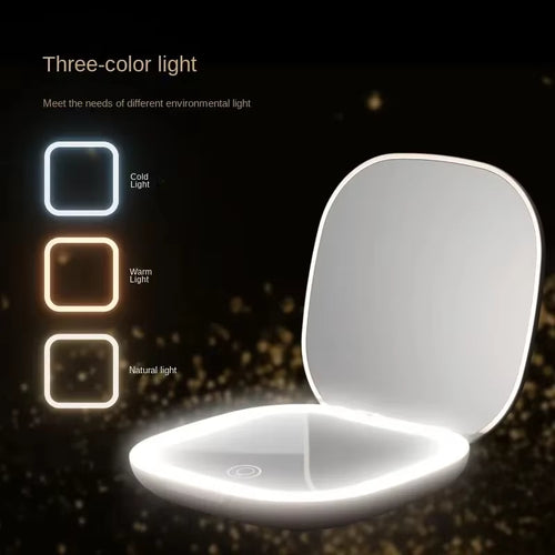 "Glow & Go™️ Portable Vanity Mirror – Compact, Foldable with LEDs & 2× Magnification"
