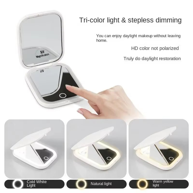 "Glow & Go™️ Portable Vanity Mirror – Compact, Foldable with LEDs & 2× Magnification"