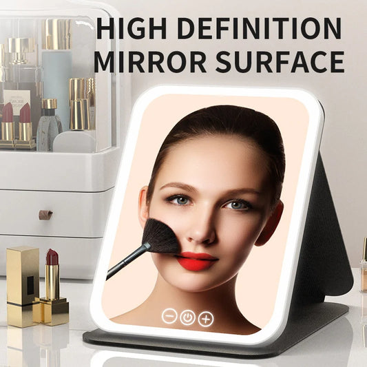 LED Makeup Mirror with Lights – USB Rechargeable, Dimmable Vanity Mirror with 3 Light Modes | Foldable & Portable for Travel and Home Use