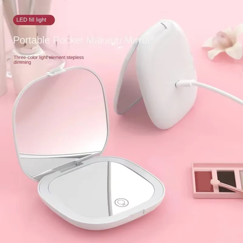 "Glow & Go™️ Portable Vanity Mirror – Compact, Foldable with LEDs & 2× Magnification"